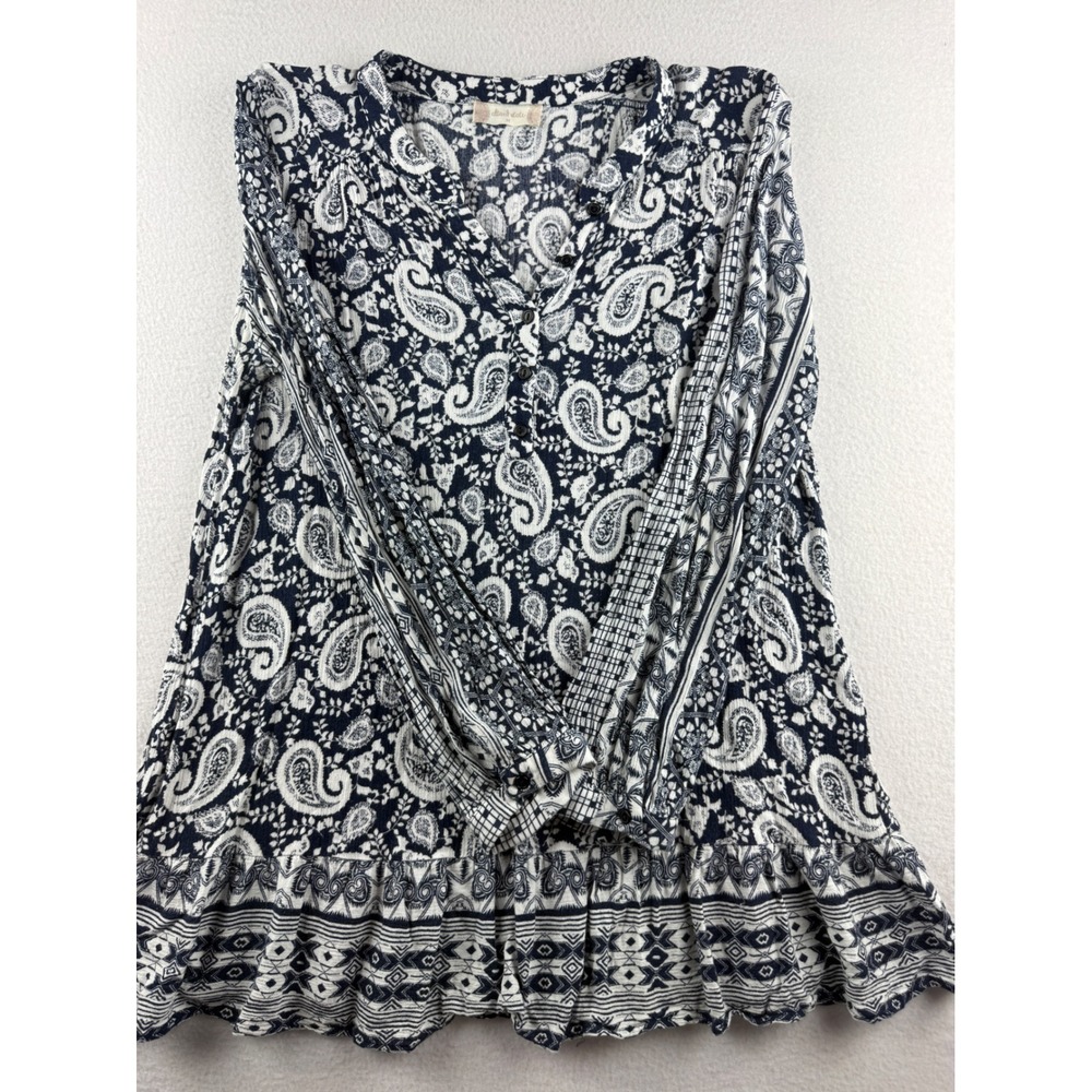 Altard State Navy Blue White Paisley Rayon Gauze Ruffle Baby doll Tunic Top M